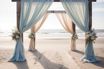 Fototapeta na wymiar curtains in seashell pattern on beach, in the style of spectacular backdrops, light navy and light aquamarine, ethereal lighting, gossamer fabrics