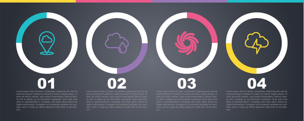 Set line Location cloud, Cloud with rain, Tornado and Storm. Business infographic template. Vector