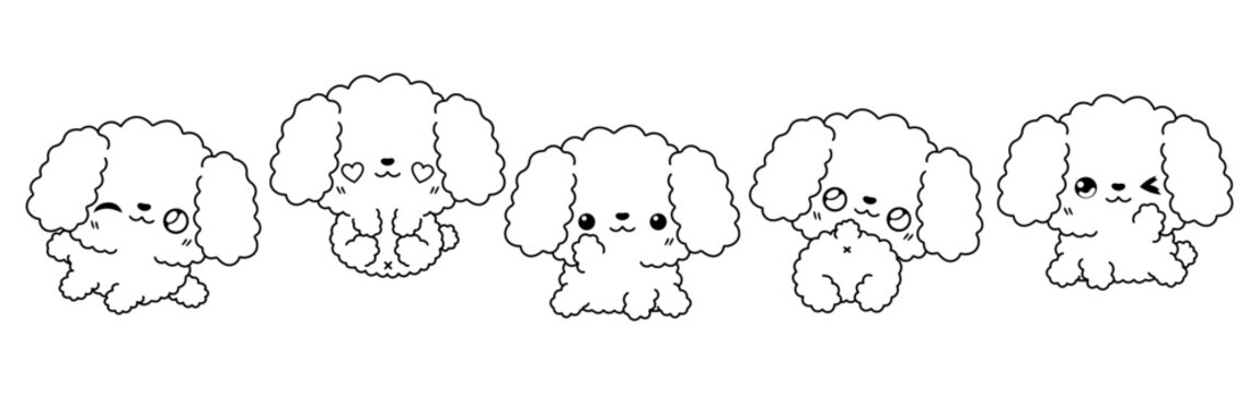 Set of Kawaii Isolated Poodle Dog Coloring Page. Collection of Cute Vector Cartoon Puppy Outline for Stickers, Baby Shower, Coloring Book, Prints for Clothes