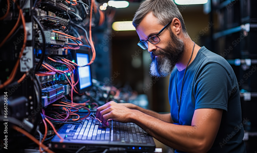 Poster portrait of computer network support specialist, analyze, test, troubleshoot, evaluate existing netw