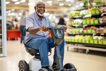 Elderly African American man on a mobility scooter at the mart, choosing groceries - Powered by Adobe