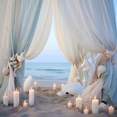 curtains in seashell pattern on beach, in the style of spectacular backdrops, light navy and light aquamarine, ethereal lighting, gossamer fabrics