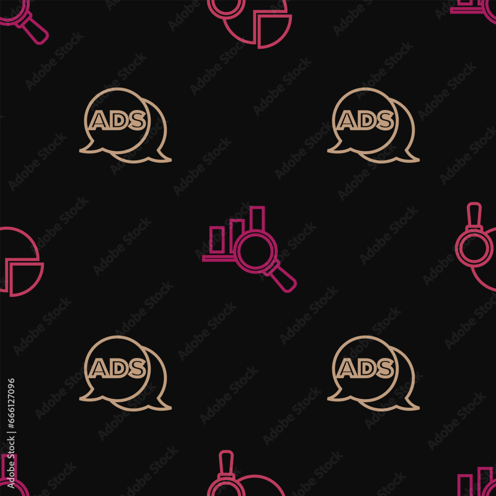 Poster set line magnifying glass and analysis, advertising and on seamless pattern. vector