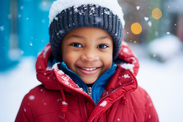 Close up portrait of cute African American little boy in winter. Selective focus