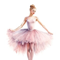 Watercolor illustration of a ballerina, young girl, tutu, pointe shoes, full length dancer