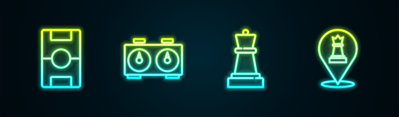Set line Hockey table, Time chess clock, Chess and . Glowing neon icon. Vector