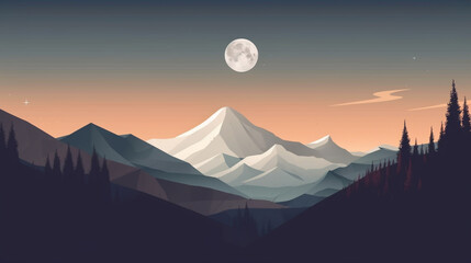 Minimalistic and abstract illustration of mountains and the moon. Night atmosphere illuminated by moonlight.