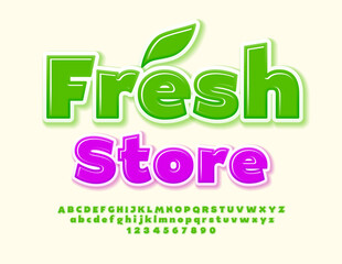 Vector eco flyer Fresh Store. Bright Artistic 3D Font. Green Alphabet Letters and Numbers set