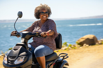 Elderly African American woman at the sea cost, using a mobility scooter for easy access