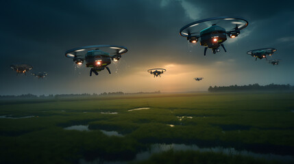 fleet of drones flying over a field at night - obrazy, fototapety, plakaty