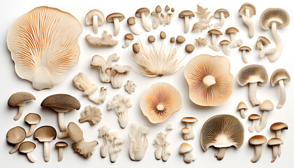 Top-view beautiful Chinese mushrooms and nature elements, set of various types of King Oyster Mushrooms (Eringi Mushrooms) and Maitake Mushrooms, isolated on white background - obrazy, fototapety, plakaty