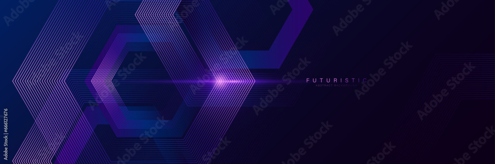 Poster trendy purple abstract glowing geometric hexagon lines background. futuristic technology digital hi-