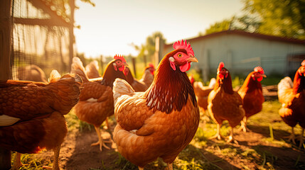 a group of chickens near a farm in the sun