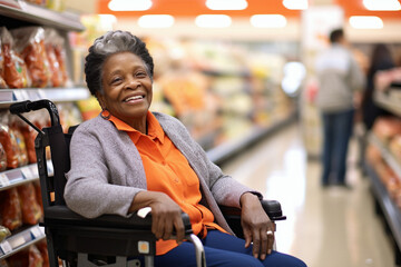 African American senior woman on a grocery run in a wheelchair at the store