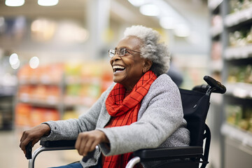 Elderly African American woman in a wheelchair in the grocery store, happy and active
