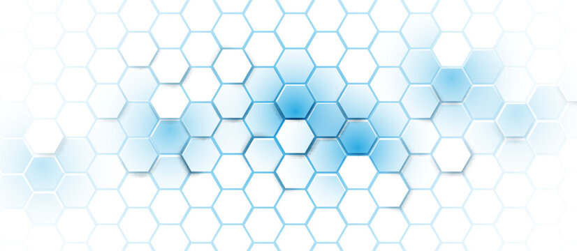 Geometric abstract background with blue and white hexagon pattern. Futuristic, digital hi-tech, Technology, Science, and Healthcare Concepts banner. Vector illustration