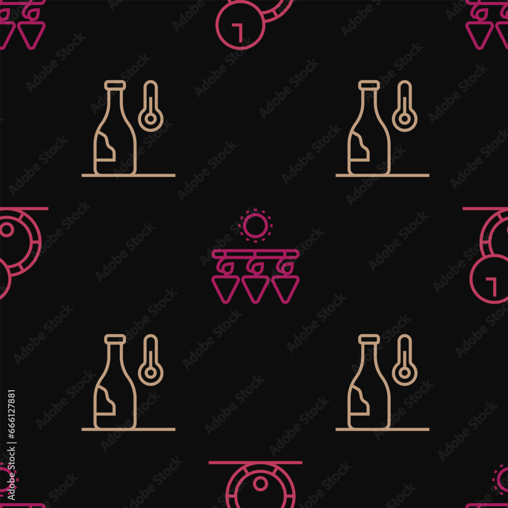 Poster set line wooden barrel for wine, wine temperature and drying grapes on seamless pattern. vector
