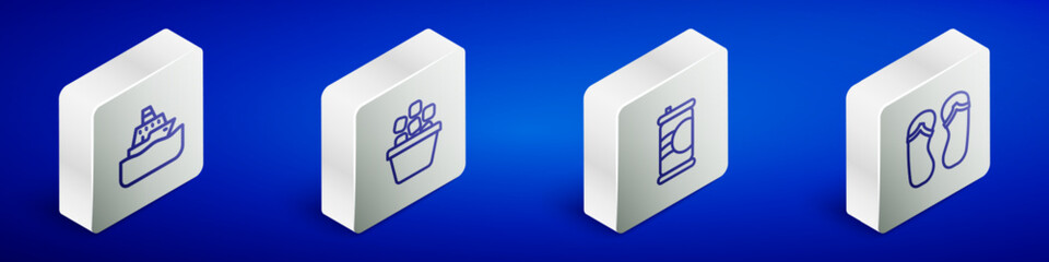 Set Isometric line Cruise ship, Ice bucket, Soda can and Flip flops icon. Vector