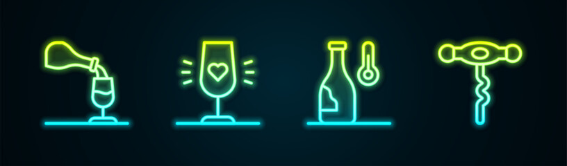 Set line Wine tasting, degustation, glass, temperature and corkscrew. Glowing neon icon. Vector