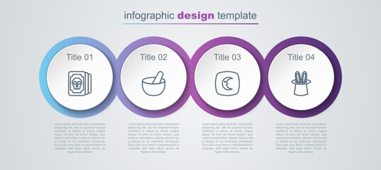 Set line Tarot cards, Witch cauldron, Moon and stars and Magician hat rabbit ears. Business infographic template. Vector