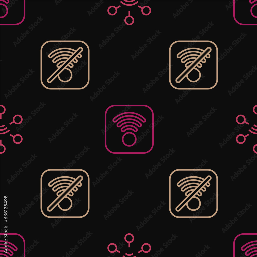 Poster set line network, no wi-fi wireless internet and on seamless pattern. vector