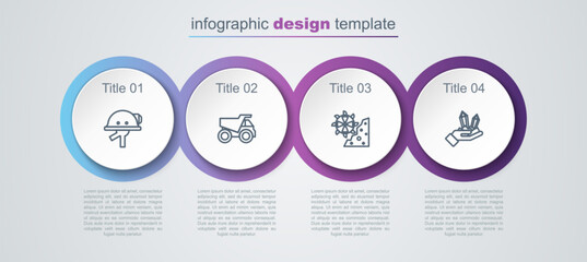 Set line Miner helmet, Mining dump truck, Bucket wheel excavator and Gem stone. Business infographic template. Vector © Kostiantyn