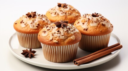 A white plate topped with cupcakes covered in frosting, apple and cinnamon muffins.