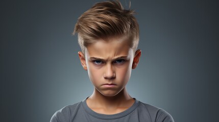 Fototapeta premium Angry Boy Looking at the Camera Isolated on the Minimalist Background 