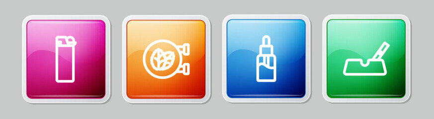Set line Lighter, Tobacco leaf shop, Vape liquid bottle and Ashtray with cigarette. Colorful square button. Vector