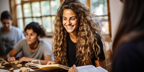 Smiling American Student Engaged in Group Study with Friends