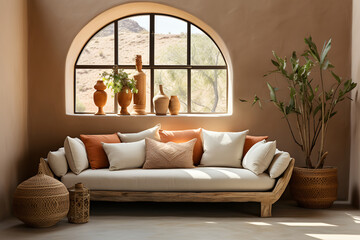 Loft home interior design of modern living room. beige sofa with terra cotta pillows against arched window near stucco wall. ia generated