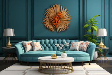 Blue curved sofa with pouf and teal wall panels with vibrant and colorful art poster. modern living room home interior design style. ia generated