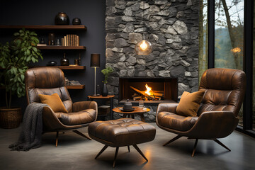 Brown leather chairs and grey sofa in room with fireplace, Luxury living room interior, ia generated