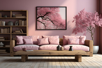 Wooden and pink living room interior with shelves and poster. ia generated