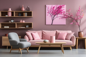 Wooden and pink living room interior with shelves and poster. ia generated