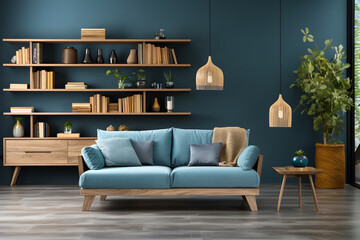 Wooden and blue living room interior with shelves and poster. ia generated