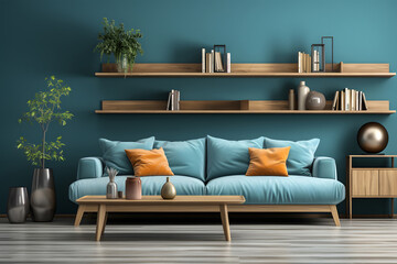 Wooden and blue living room interior with shelves and poster. ia generated