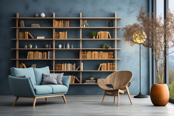 Wooden and blue living room interior with shelves and poster. ia generated
