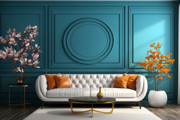 white curved sofa with pouf and teal wall panels with vibrant and colorful art poster. modern living room home interior design style. ia generated