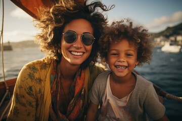 Charming mother and son on the deck of sailing boat moving in sea. Happy traveling African American family enjoying boat trip. Active leisure, family vacation, sports, fun and recreation. - obrazy, fototapety, plakaty