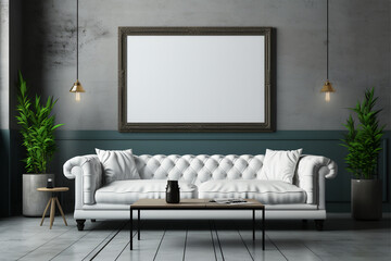 Interior of the living room with a white sofa and a framed poster. 3d render. ia generated