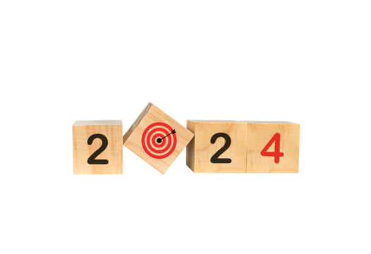 New Year 2024 with wooden blocks. Start the New Year 2024 with a goal plan. goal concept Action plan, strategy, new year business vision. isolated on white background. PNG