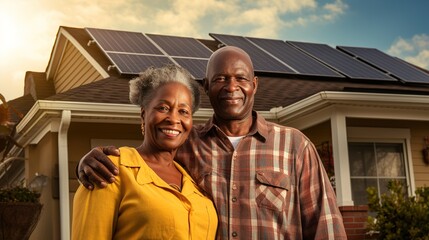 Happy elderly African-American couple in front of a house with solar panels, green energy concept - obrazy, fototapety, plakaty