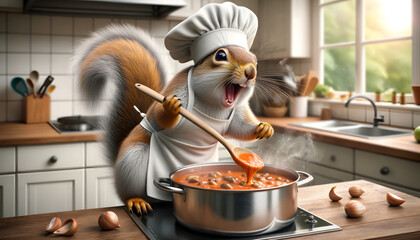 Enthusiastic Squirrel Chef Cooking with Passion in a Modern Kitchen, Stirring a Delicious Pot of Soup