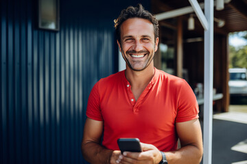 Smiling middle-aged man with a smartphone against the background of a garage. An experienced entrepreneur runs business of car repair and service. Small business and private entrepreneurship.