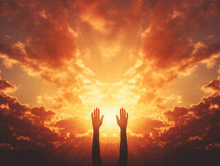 World Mental Health Day concept, Silhouette prayer hands in the sunset sky background. Generative Ai
