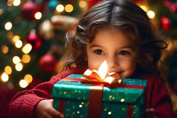 Fototapeta na wymiar little girl with Christmas gift, a Small cute child holding a gift box with a red ribbon, giving receiving presents on holiday event