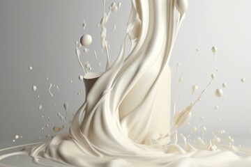 3D white milk splash ripples on milky background. Glossy shining almond, oat, soy, rice milk, milkshake, cream, white paint. Generative AI