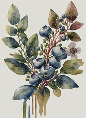 illustrazione in stile tavola botanica di ramoscello di pianta di mirtillo con foglie fiore e frutti maturi in colori ad acqua su carta - obrazy, fototapety, plakaty