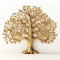 Elegant gold tree with intricate branches and decorative frames on a white background